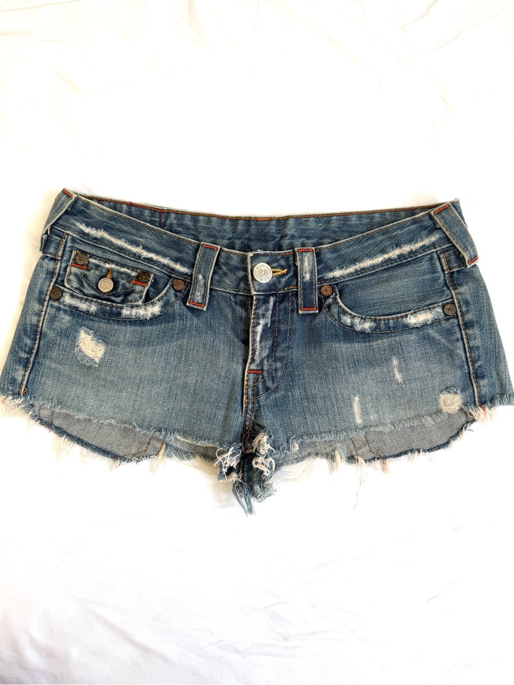 True Religion Light Blue Joey Cutoffs- Distressed Denim Shorts